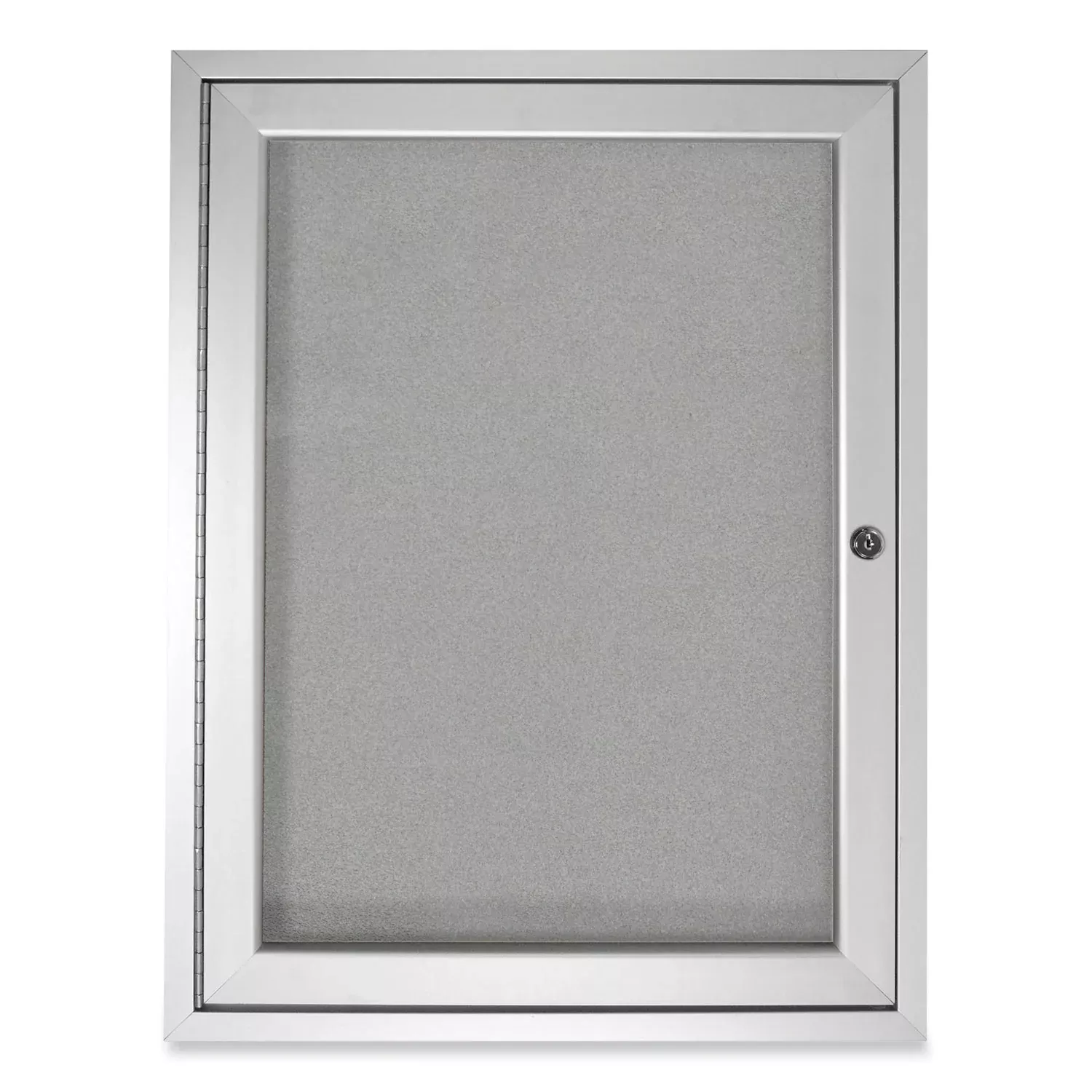 1 Door Enclosed Vinyl Bulletin Board with Satin Frame, 36" x 36", Silver Surface, Satin Aluminum Frame