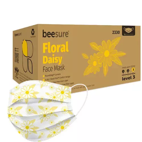 BeeSure Level 3 Earloop Floral Design Masks, Floral Design, 50/Box, Yellow, BE2330