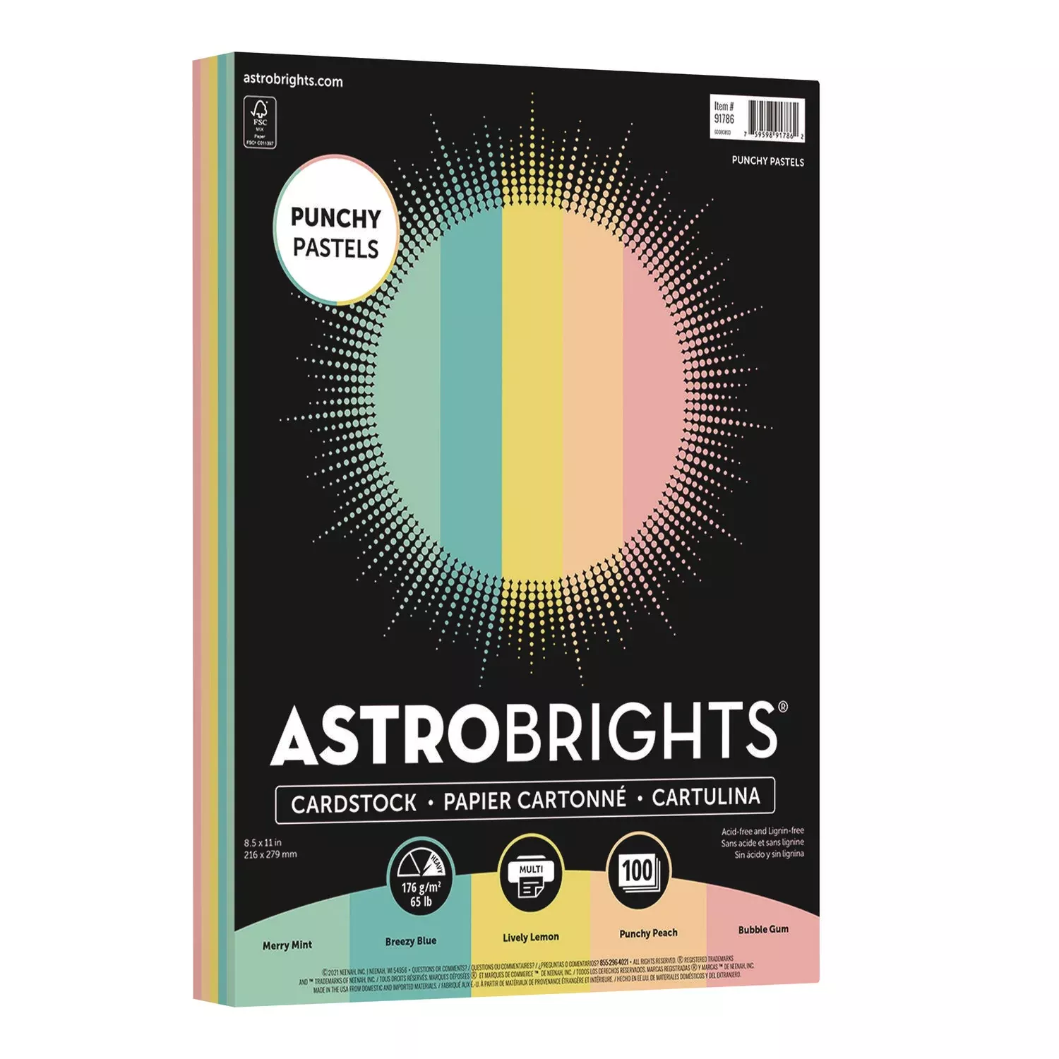 Color Cardstock -"Punchy Pastels" Assortment, 65 lb Cover Weight, 8.5 x 11, Assorted, 100/Pack