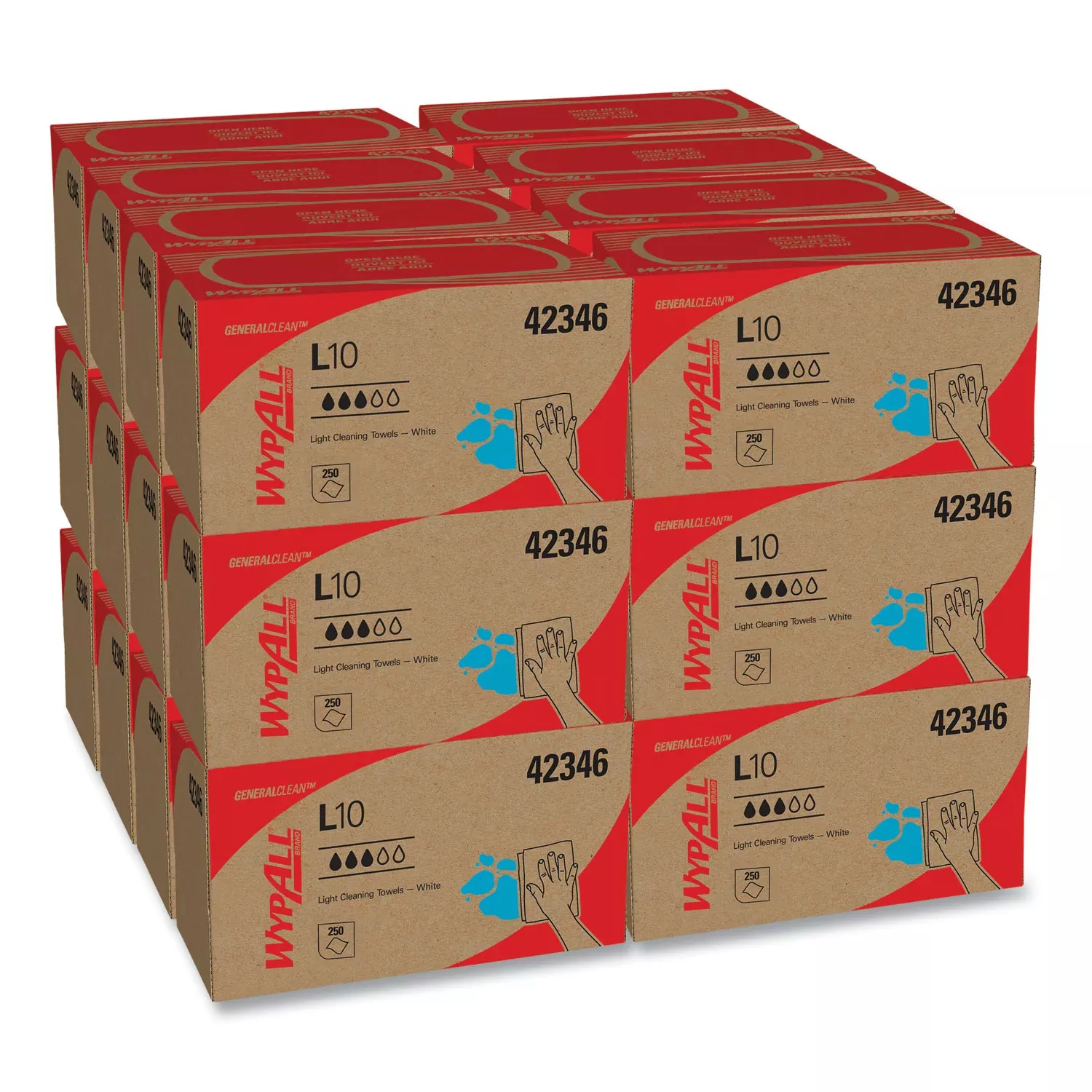 Wypall GeneralClean L10 Light Cleaning Towels, 10.25" x 9", Textured, Absorbent, White, 250 Towels/Box, 24 Boxes/Carton
