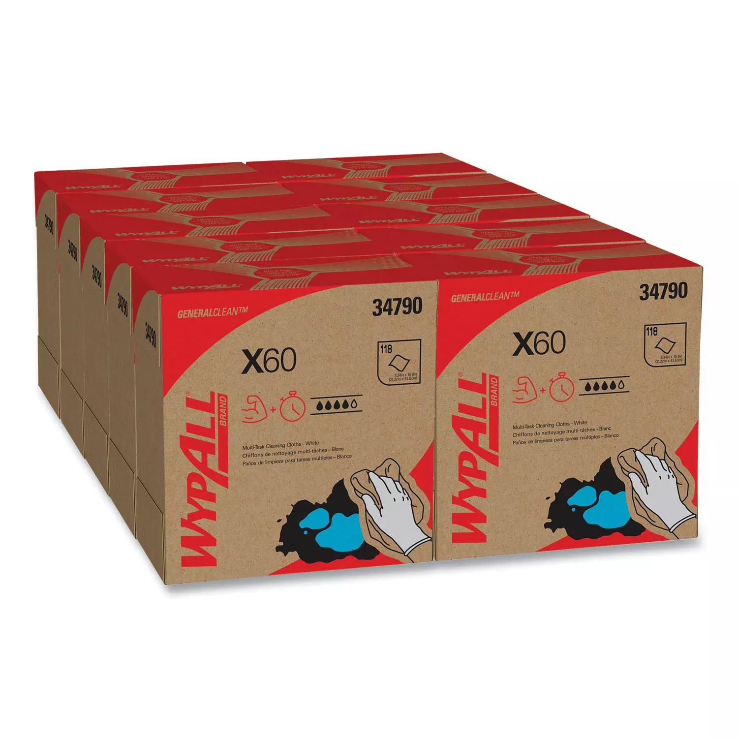 Wypall GeneralClean X60 Multi-Task Cleaning Cloths, Pop-Up Box, White, Hydroknit, 8.34" x 16.80", 118 Cloths/Box, 10 Boxes/Carton